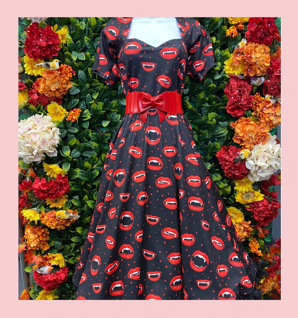 LIMITED EDITION PRINT Vampire Teeth with Red Lips 50s Vintage Inspired "Bite Me" Vera Sweet Heart Swing Dress by Cerys' Closet