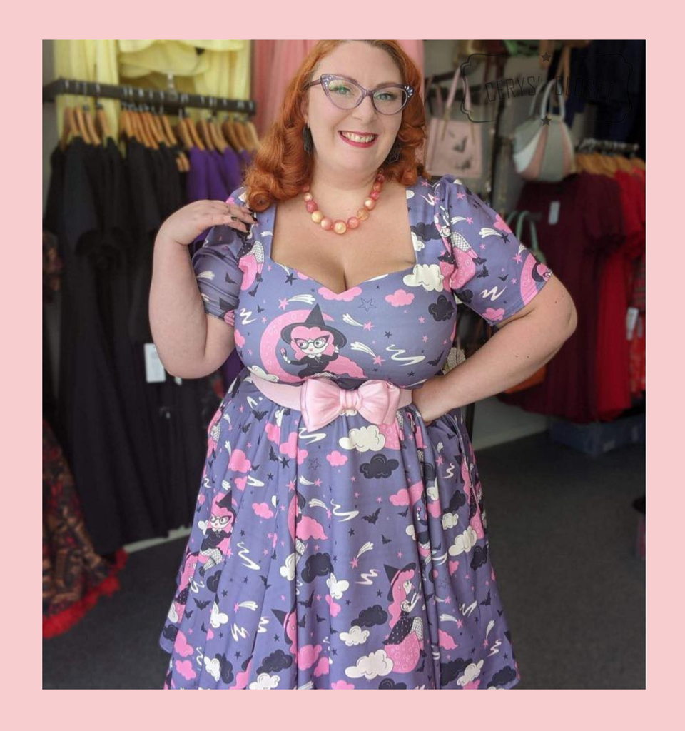 LIMITED EDITION PRINT 50s Vintage Inspired "Samantha Witch" Vera Sweet Heart Swing Dress by Cerys' Closet
Dress covered with pin up witches sitting on crescent moons. 