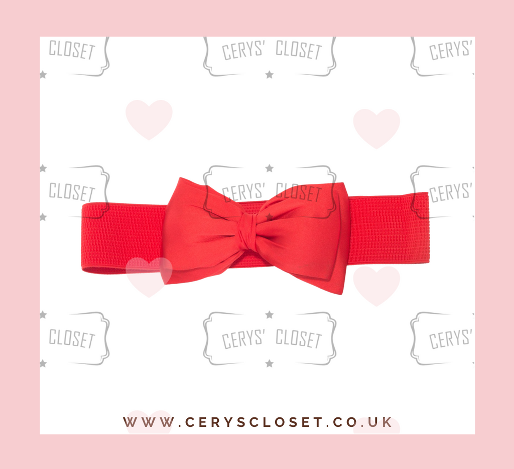 Red 50s Vintage Inspired Elasticated Waspie Satin Bow Belt Banned apparel at Cerys' Closet