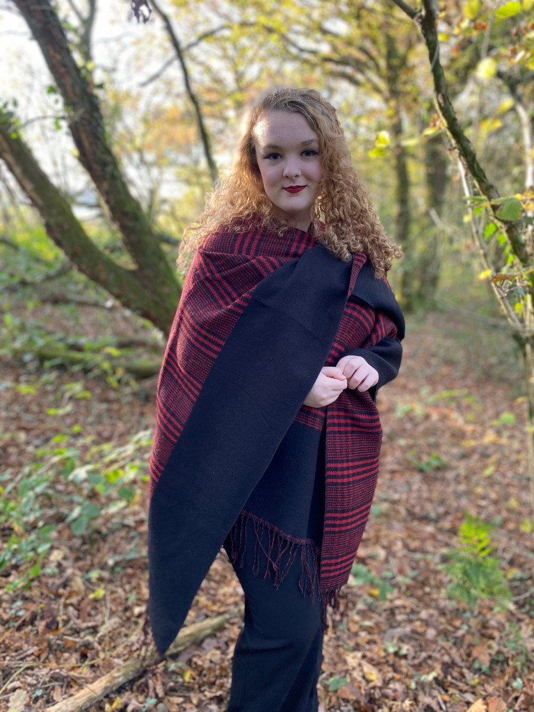 Reversible Gingham Poncho Cape Wrap - Red & Black
