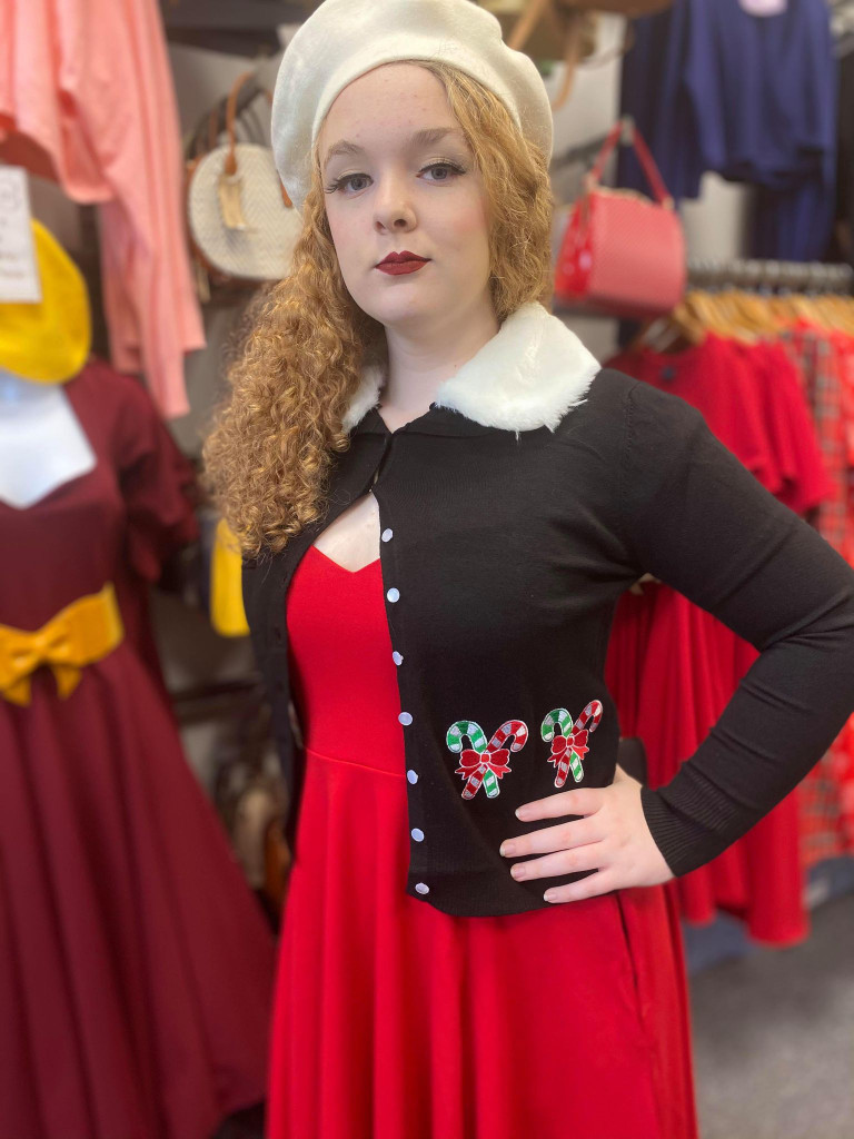 Candy Cane Christmas Cardigan with Detachable Faux Fur Collar