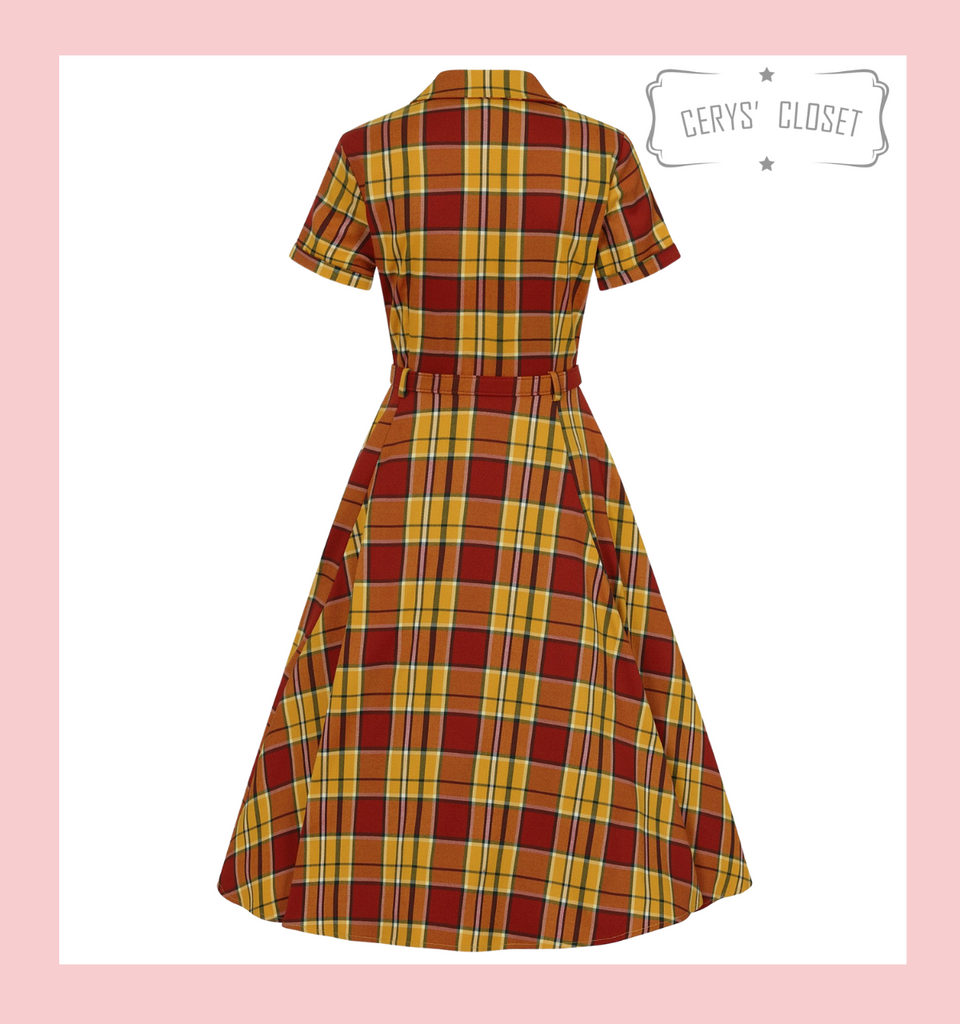 Collectif Caterina Autumn 50s Vintage Inspired Shirt Swing Dress, Orange and Yellow Check 