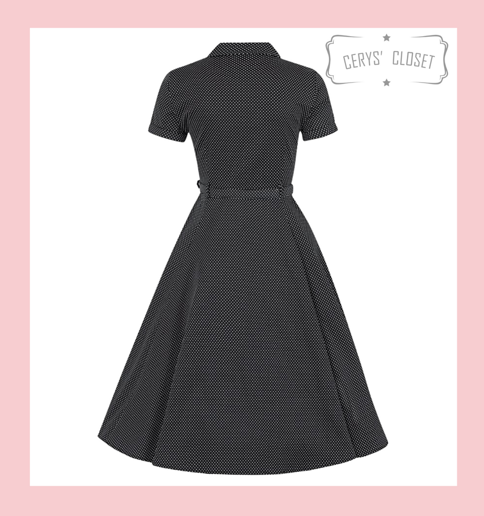 Collectif Caterina Black and White Polka Dot 50s Vintage Inspired Shirt Swing Dress at Cerys' Closet