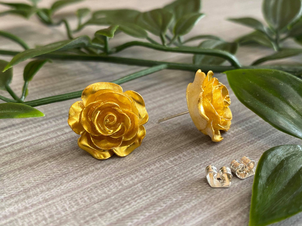 Handmade By Sue Resin Rose Earrings with Stainless Steel Post Studs - Gold