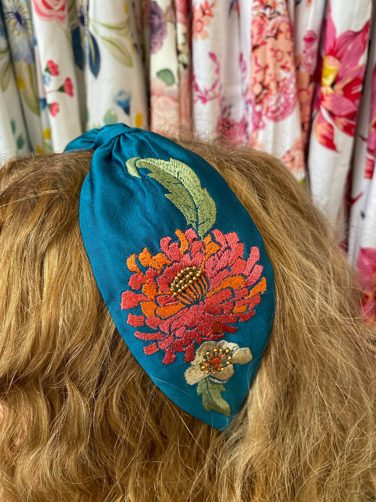 Hand Finished Embroidered Retro Meadow Teal Hairband by Powder