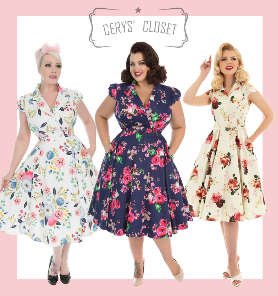 Hearts and Roses London dress at Cerys' Closet. A stunning 1950s Vintage Inspired Dark Purple and Pink Floral Faux Shirt Swing Dress with Capped Sleeves - Midnight