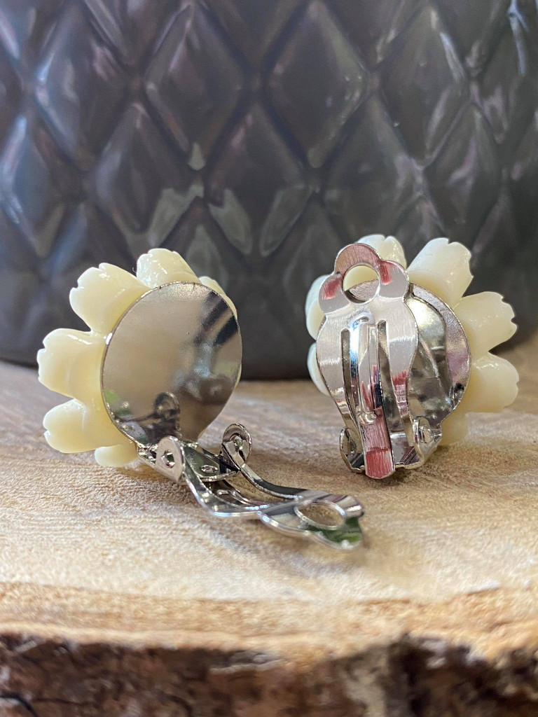 Handmade By Sue Resin Flower Earrings with Stainless Steel Clip On Back - Peach