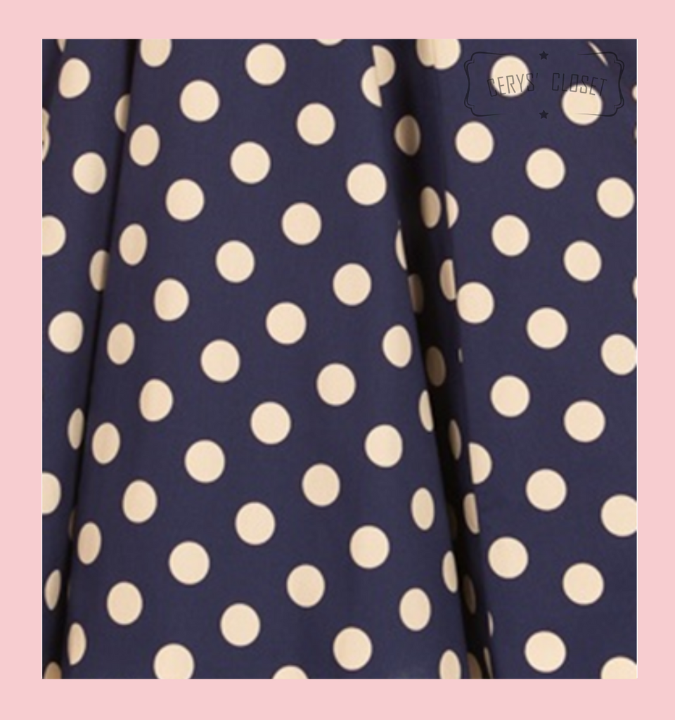 Navy and Cream Polka Dot 50s Vintage Inspired Swing Tea Dress by Hearts and Roses at Cerys' Closet