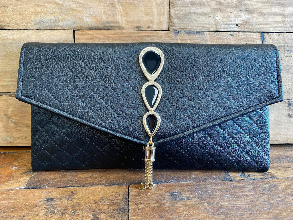 Quilted Clutch with Peacock Inspired Jewelled Art Deco Detail Gold Tassel and Shoulder Strap - Gold