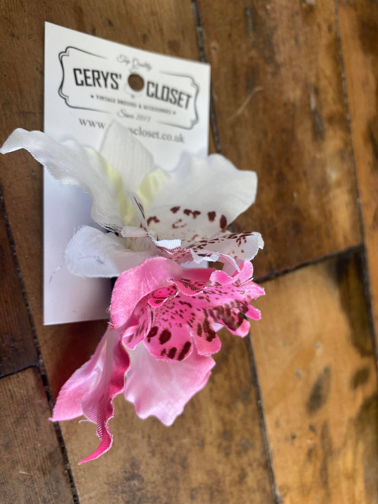 Pink and white double lily vintage hair flower clip side view