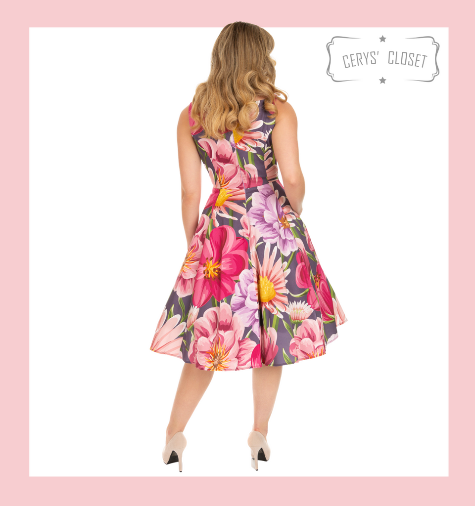 Hearts and Roses London Denise Dress at Cerys' Closet. A stunning 1950s Vintage Inspired Multi-Coloured Summer Floral Swing Dress with Sweetheart Neckline - Denise