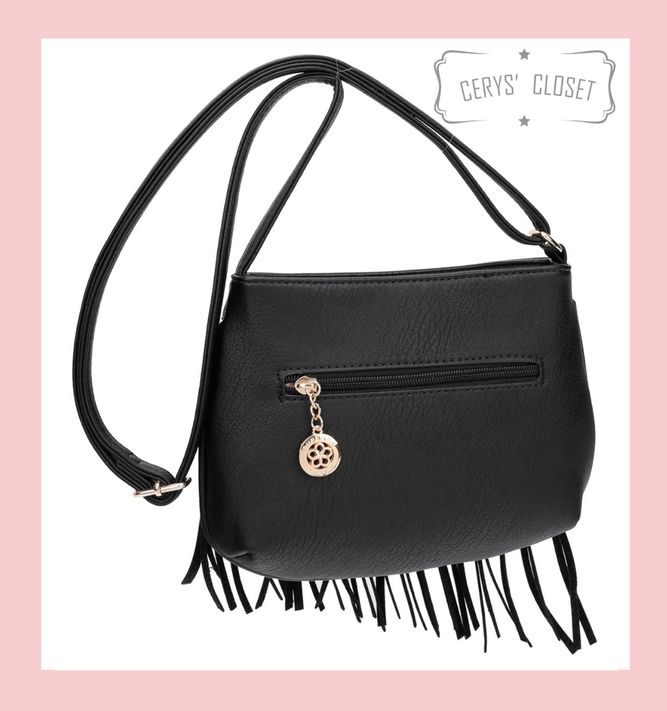 Tassel Saddle Bag with Adjustable Shoulder Strap - Black