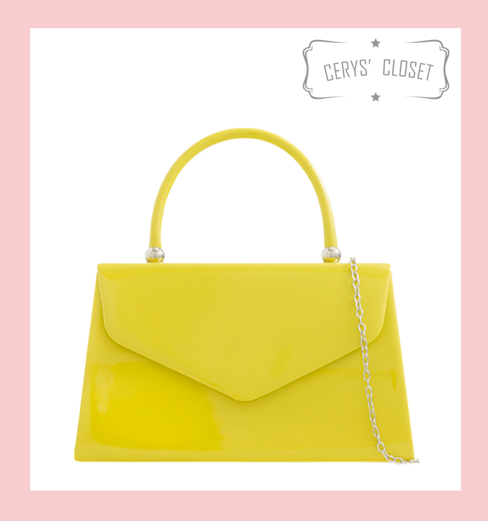 Patent Envelope Tote Bag with Single Top Handle and Detachable Shoulder Chain - Mustard