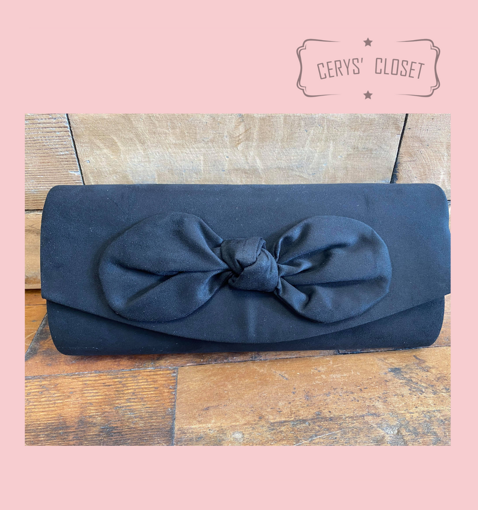 Suede Effect Bow Clutch Bag with Detachable Shoulder Chain - Navy