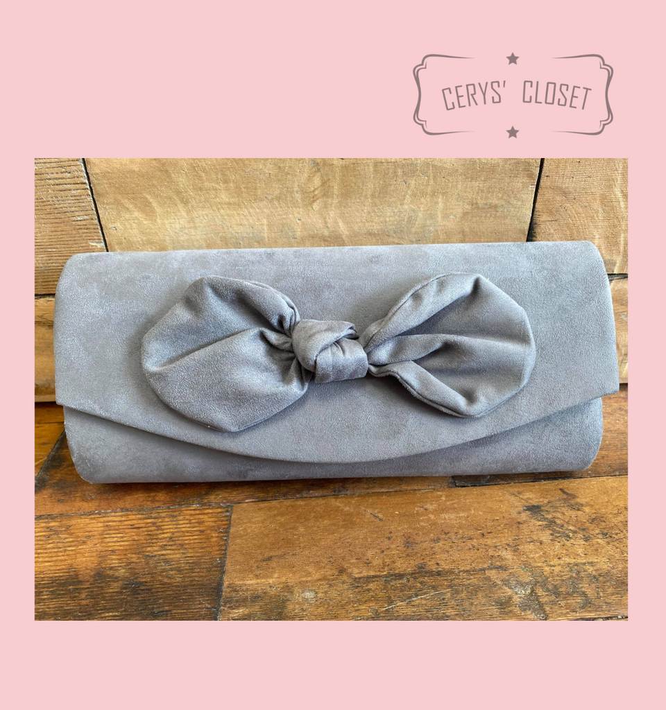 Suede Effect Bow Clutch Bag with Detachable Shoulder Chain - Grey