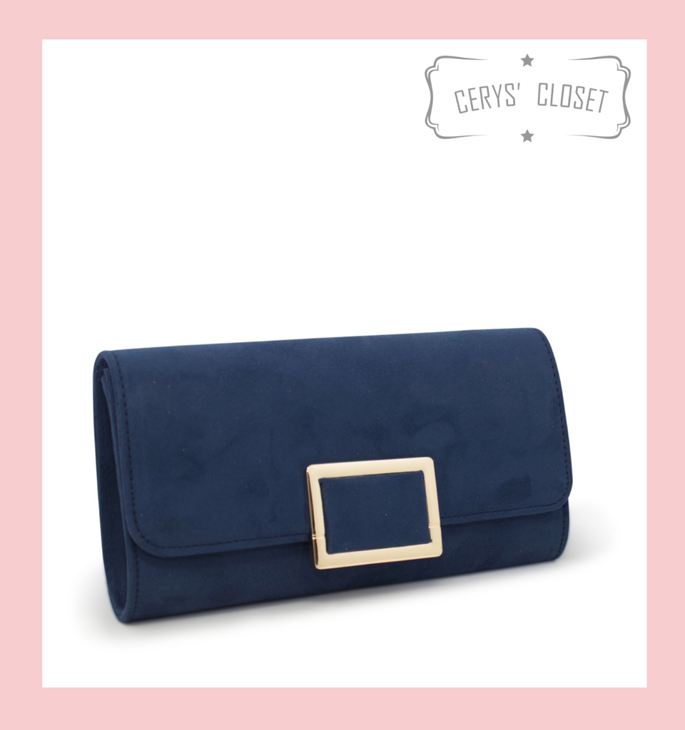 Suede Effect Clutch Bag With Gold Buckle Detail and Detachable Shoulder Chain - Navy