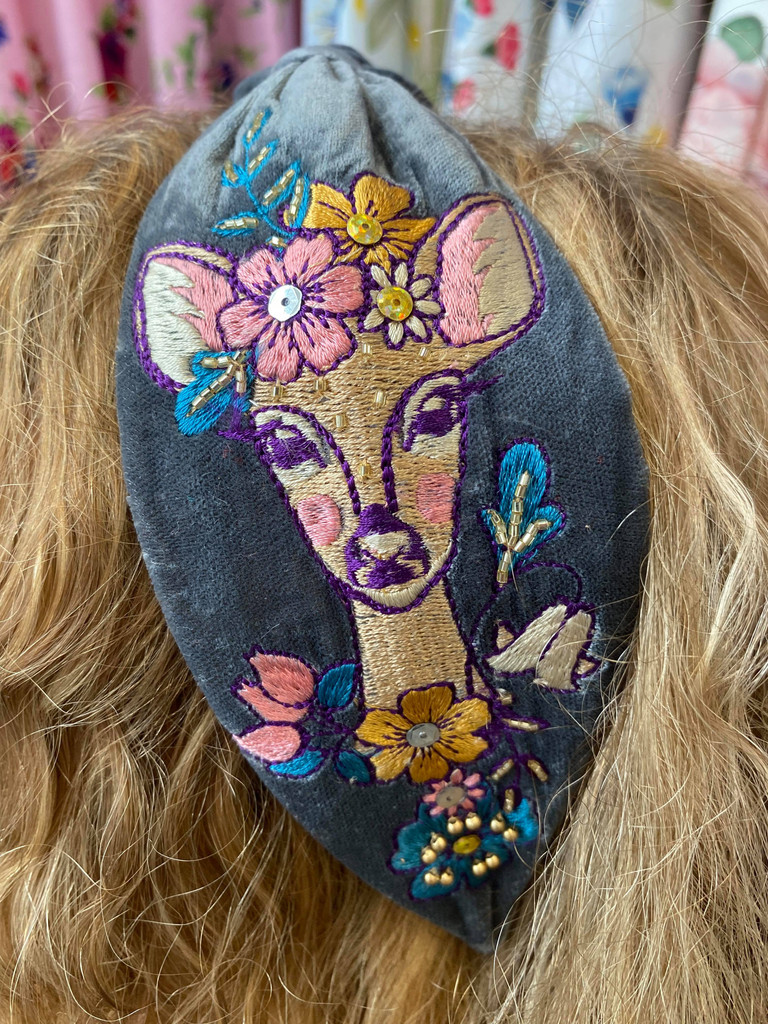 Hand Finished Velvet Embroidered Blue Grey Autumn Doe Hairband by Powder