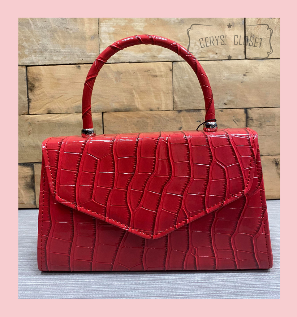 Crocodile Effect Envelope Tote Bag with Top Handle and Detachable Shoulder Chain - Hot Pink