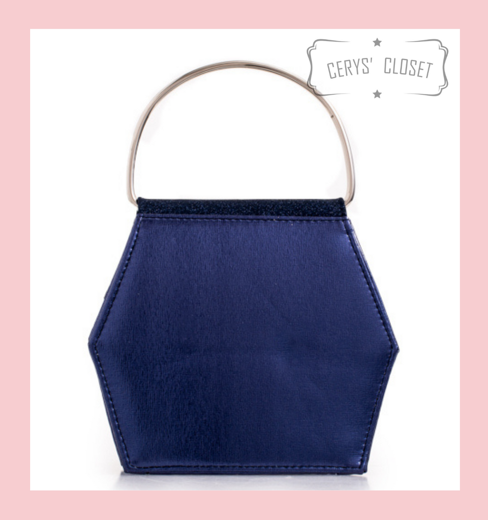 Hexagonal Glitter Handbag with Jewelled Clasp and Metal Ring Handle and Detachable Shoulder Strap - Navy