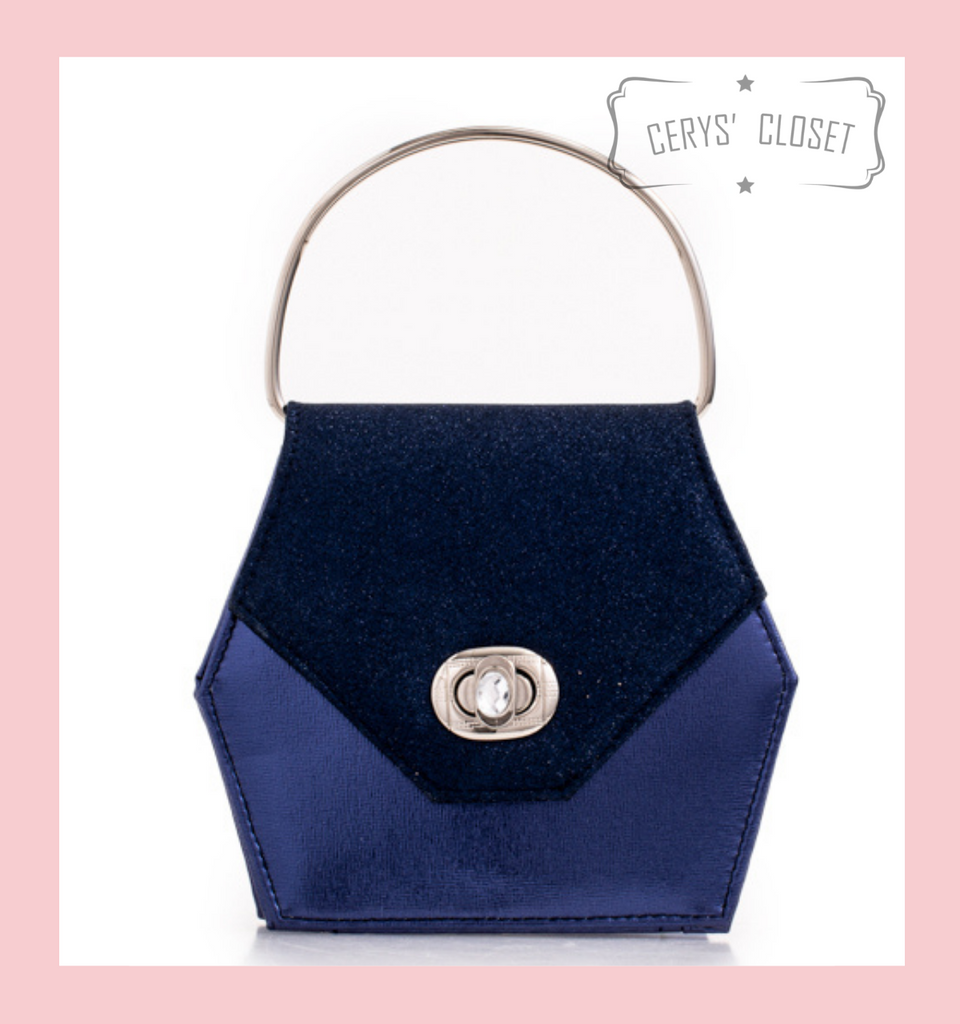 Hexagonal Glitter Handbag with Jewelled Clasp and Metal Ring Handle and Detachable Shoulder Strap - Navy