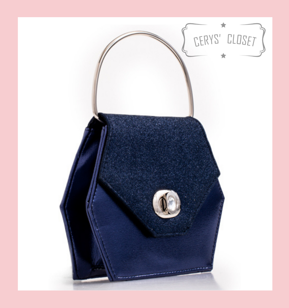 Hexagonal Glitter Handbag with Jewelled Clasp and Metal Ring Handle and Detachable Shoulder Strap - Navy