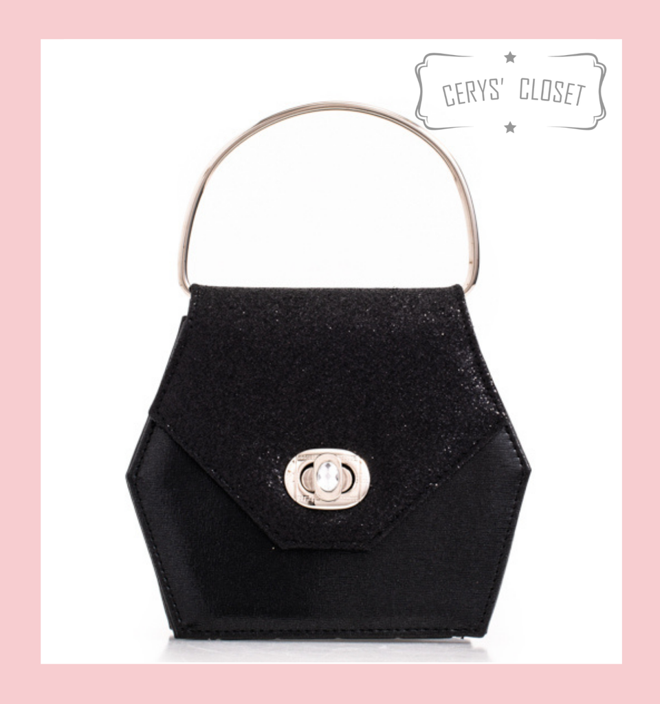 Hexagonal Glitter Handbag with Jewelled Clasp and Metal Ring Handle and Detachable Shoulder Strap - Black
