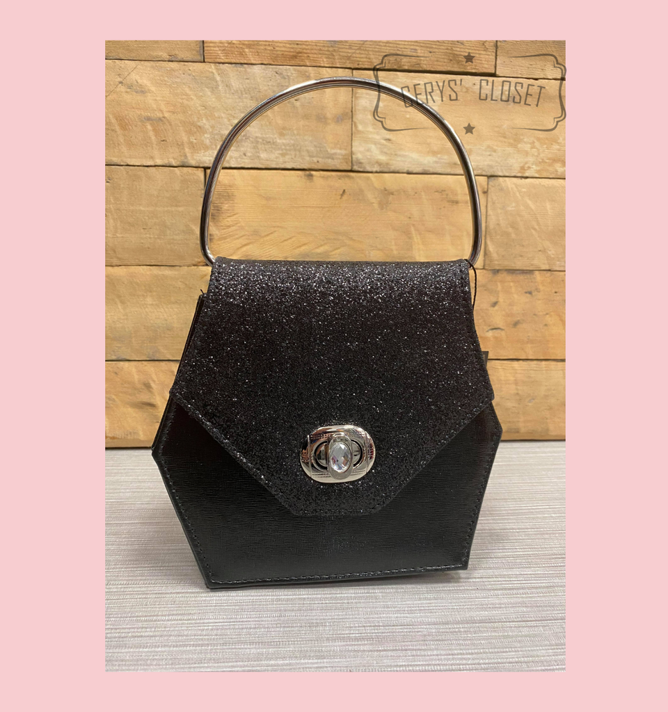 Hexagonal Glitter Handbag with Jewelled Clasp and Metal Ring Handle and Detachable Shoulder Strap - Black