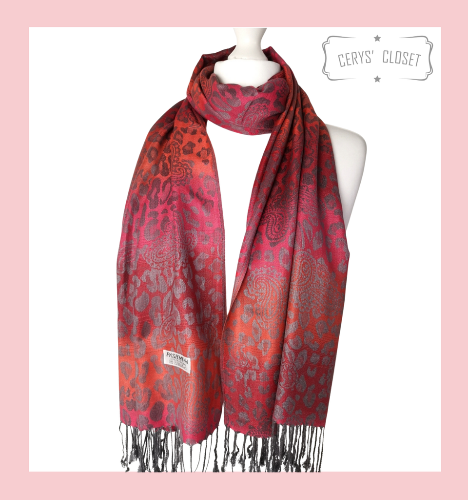 Super Soft Reversible Leopard Print and Paisley Pashmina, Scarf, Wrap - Red & Orange