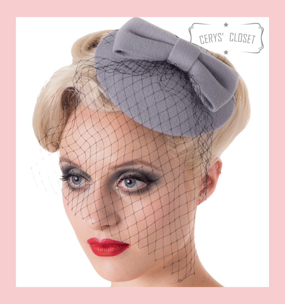 Vintage Style Pill Box Hat Fascinator with Bow and Black Veil - Grey