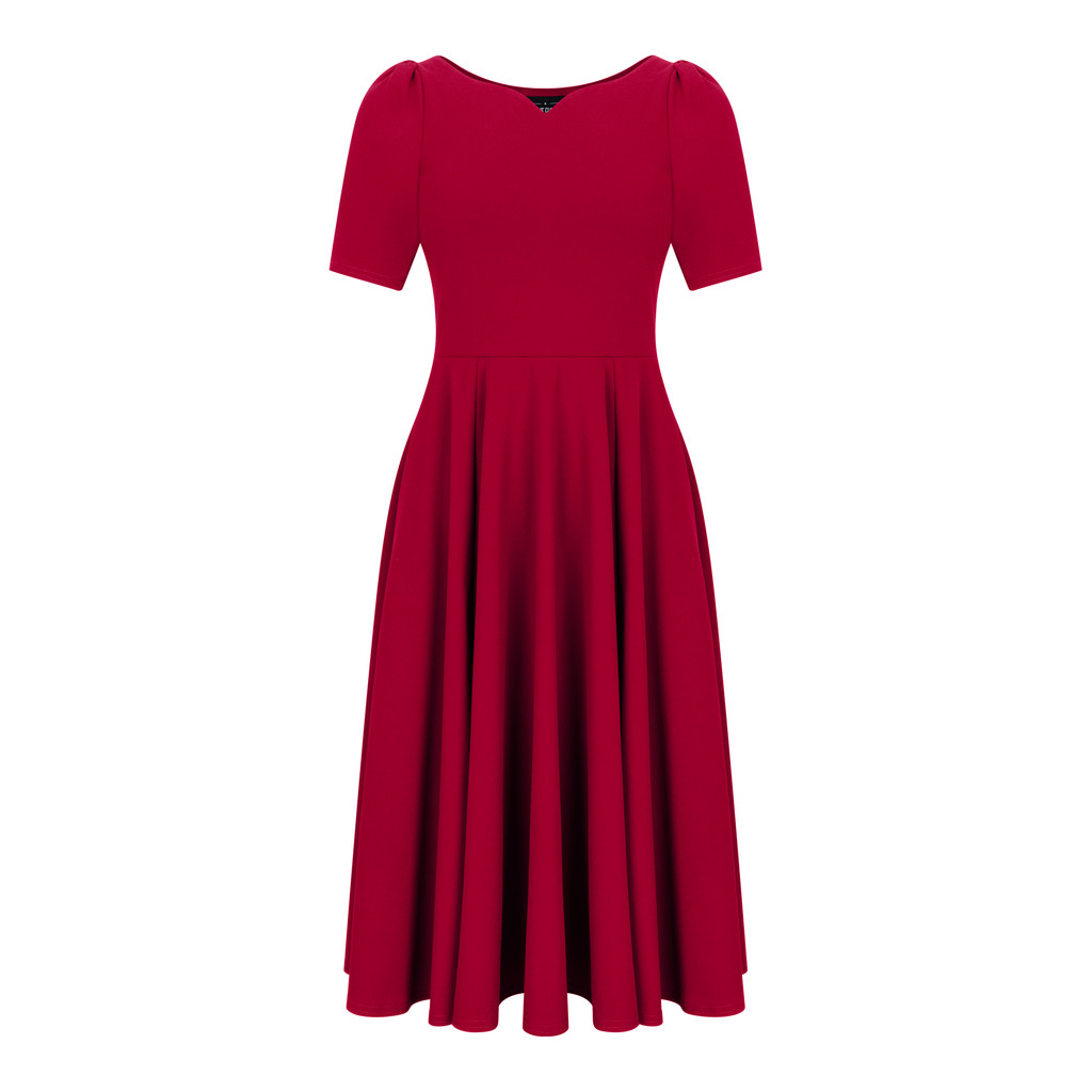 1950s Vintage Inspired Red Bethany Dress by Cerys' Closet: Full Circle Skirt with pockets, sleeves and beautiful scooped neckline.