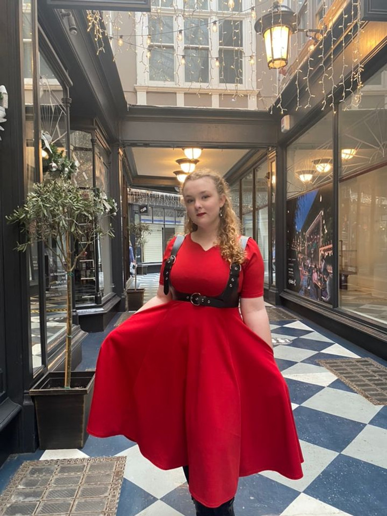 1950s Vintage Inspired Red Bethany Dress by Cerys' Closet: Full Circle Skirt with pockets, sleeves and beautiful scooped neckline.