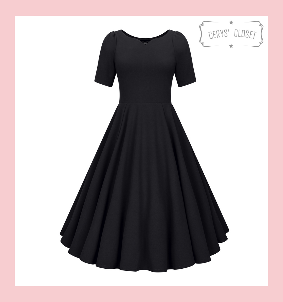 1950s Vintage Inspired Bethany Dress by Cerys' Closet: Full Circle Skirt with Pockets, Sleeves and Beautiful Scooped Neckline - Black