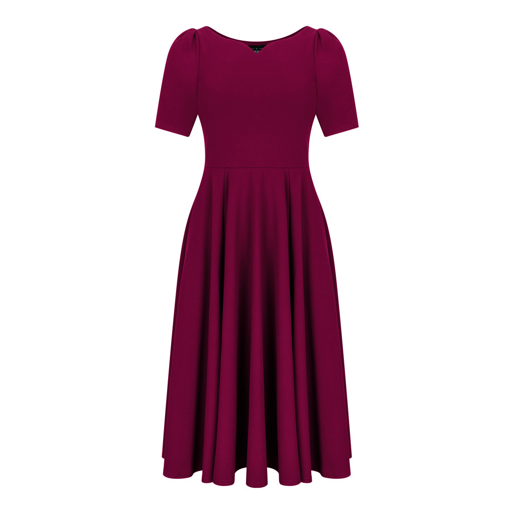 1950s Vintage Inspired Burgundy Bethany Dress by Cerys' Closet: Full Circle Skirt with pockets, sleeves and beautiful scooped neckline.