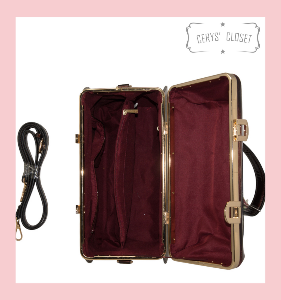 Vintage Style Vanity Handbag In Patent Faux Croc Glitter Effect - Brown