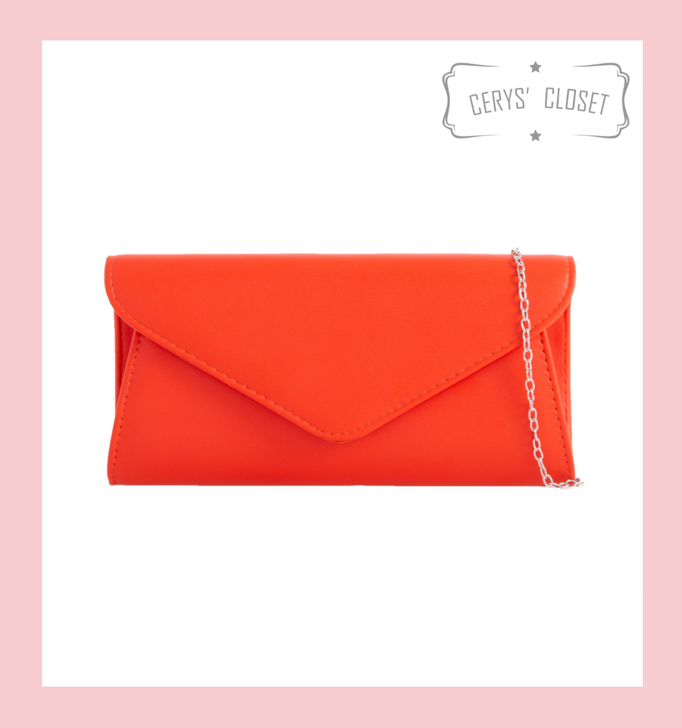 Faux Leather Envelope Clutch Bag with Chain Shoulder Strap - Red