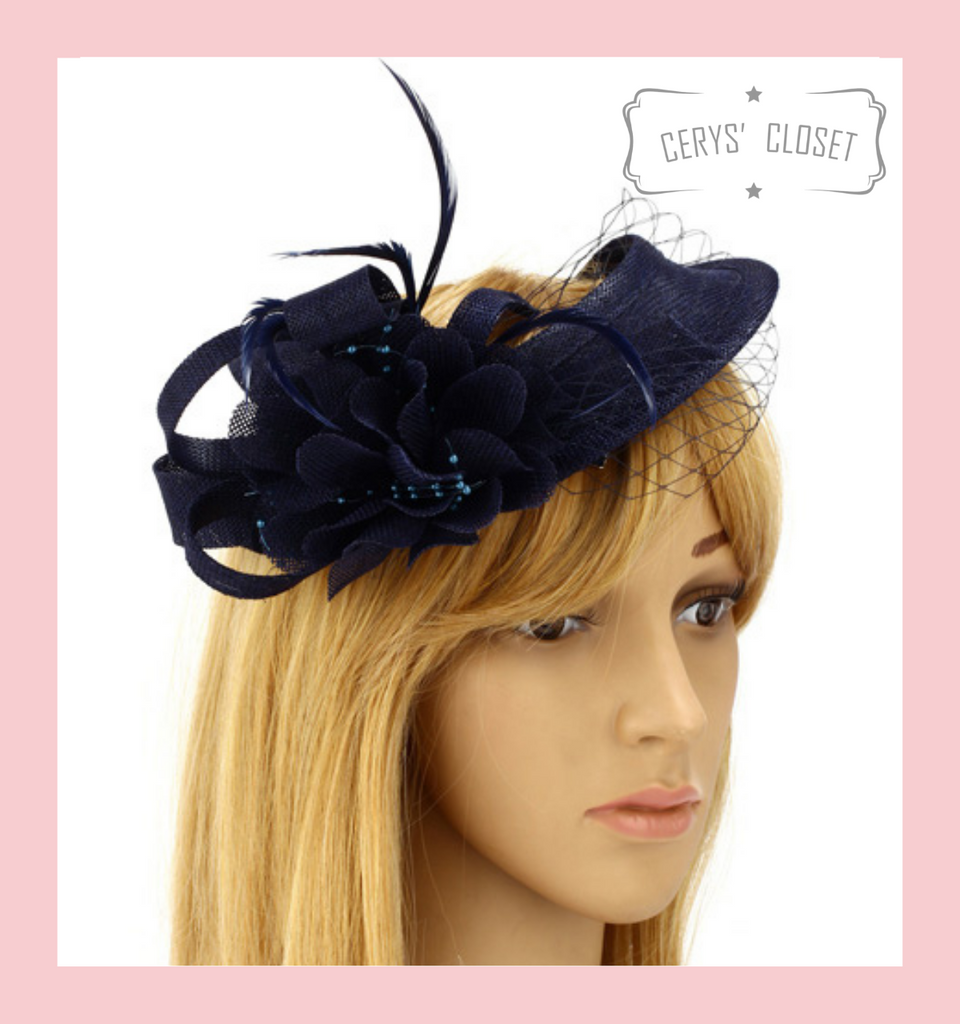 Navy Round Hair Hole Feather and Flower Mesh Hat Fascinator with Crocodile Hair Clip