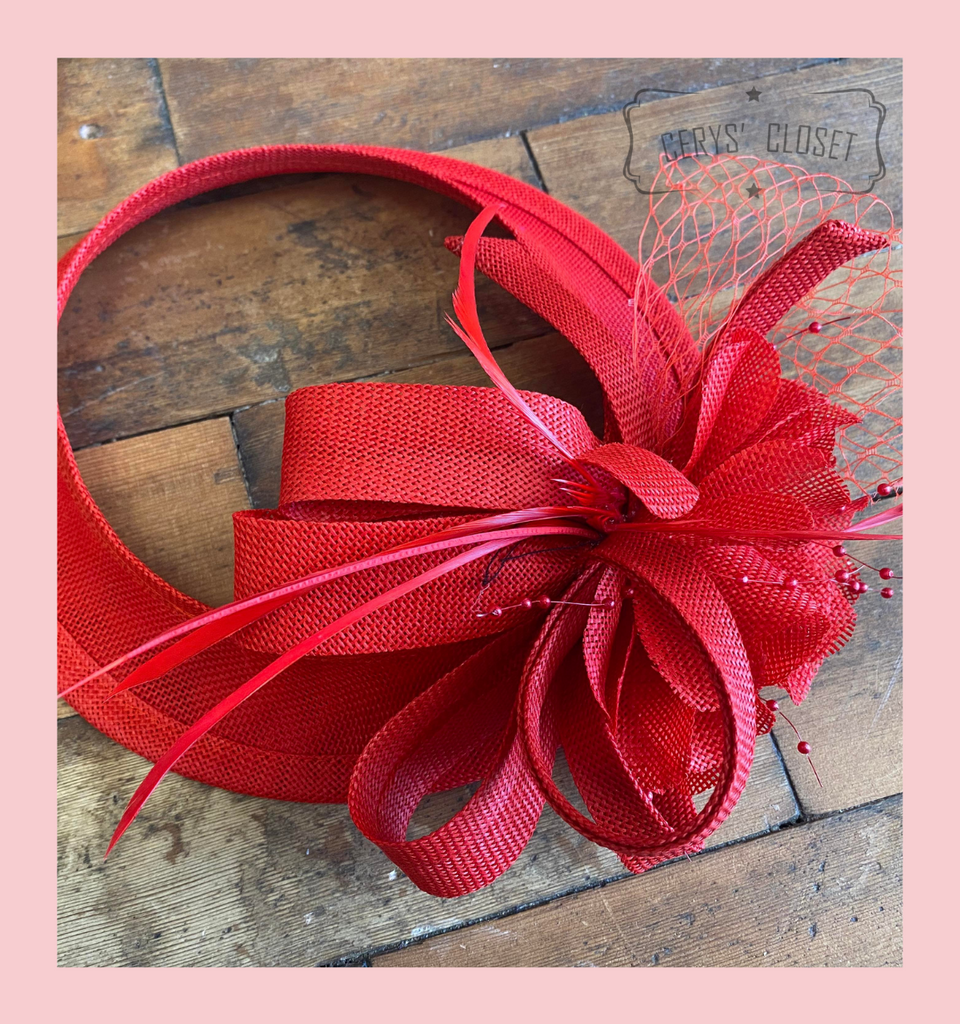 Red Round Hair Hole Feather and Flower Mesh Hat Fascinator with Crocodile Hair Clip