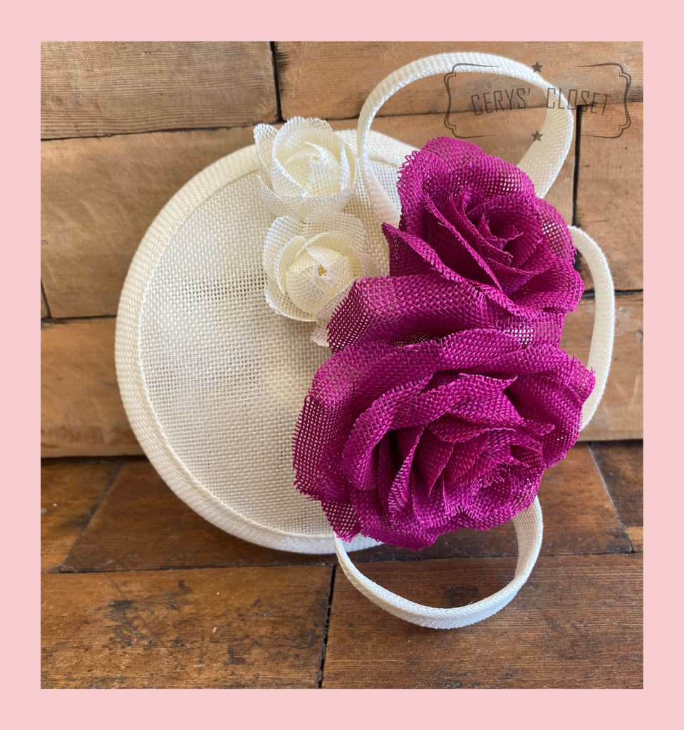 Cream and Purple Flower Mesh Hat Fascinator with Crocodile Hair Clip and Hairband Attachment