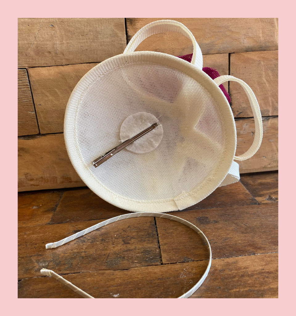 Cream and Purple Flower Mesh Hat Fascinator with Crocodile Hair Clip and Hairband Attachment
