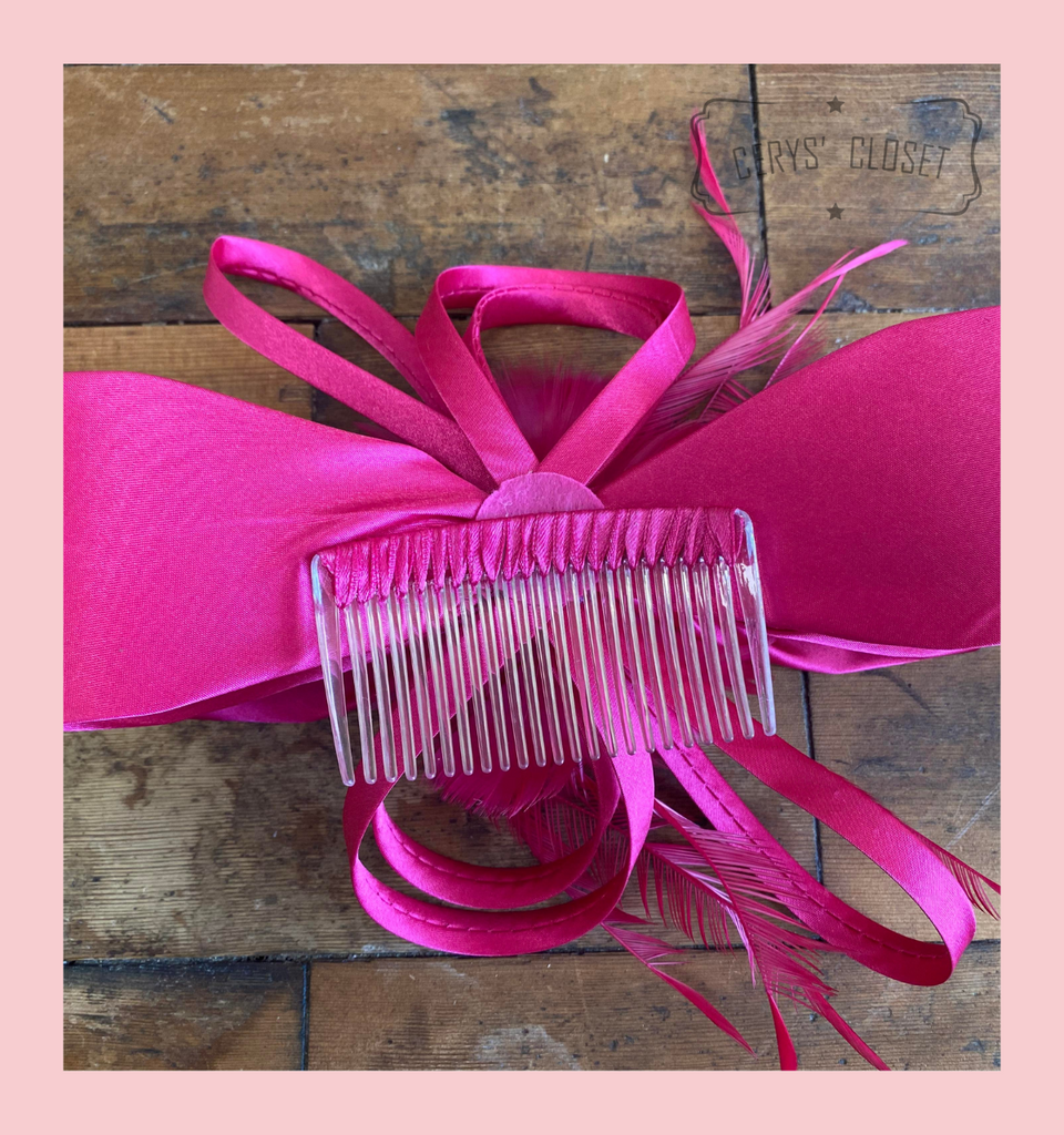 Hot Pink Feather and Flower Mesh Hat Fascinator with Hair Comb