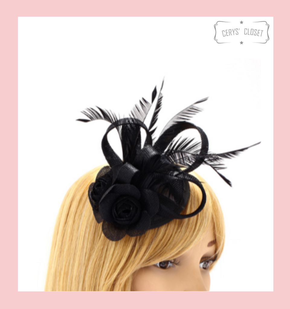 Black Feather and Flower Mesh Hat Fascinator with Crocodile Hair Clip 