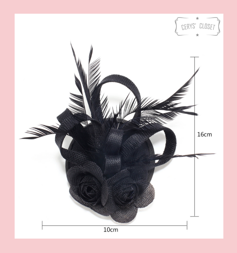  Black Feather and Flower Mesh Hat Fascinator with Crocodile Hair Clip