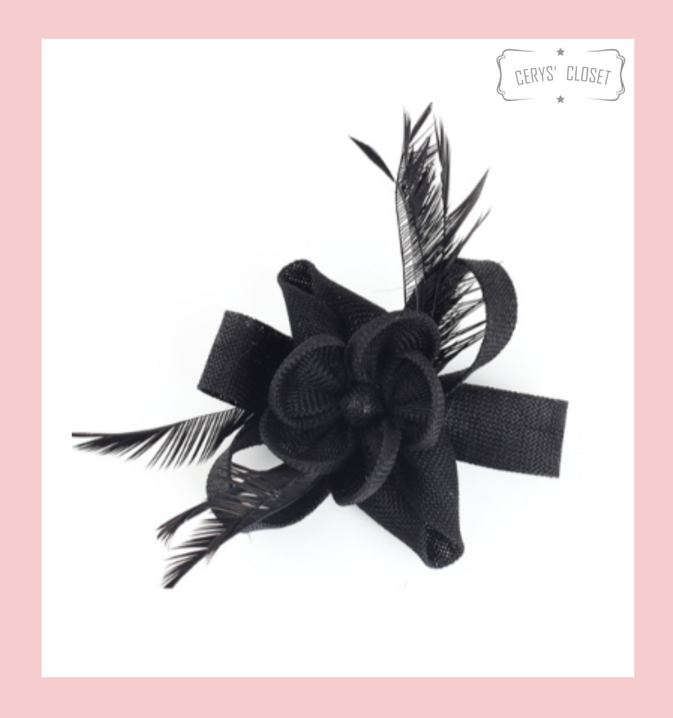 Black Feather and Flower Mesh Fascinator with Crocodile Hair Clip and Brooch Attachment