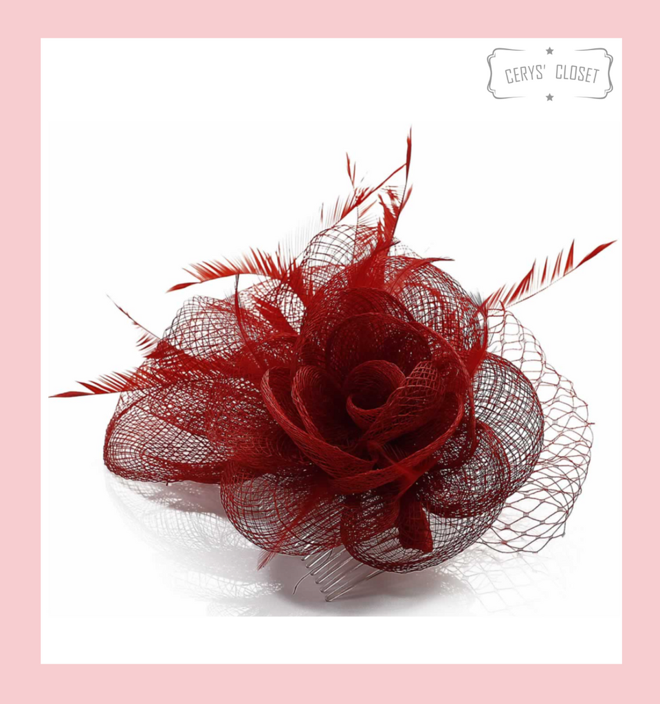 Red Feather Mesh and Bead Flower Fascinator With Hair Comb