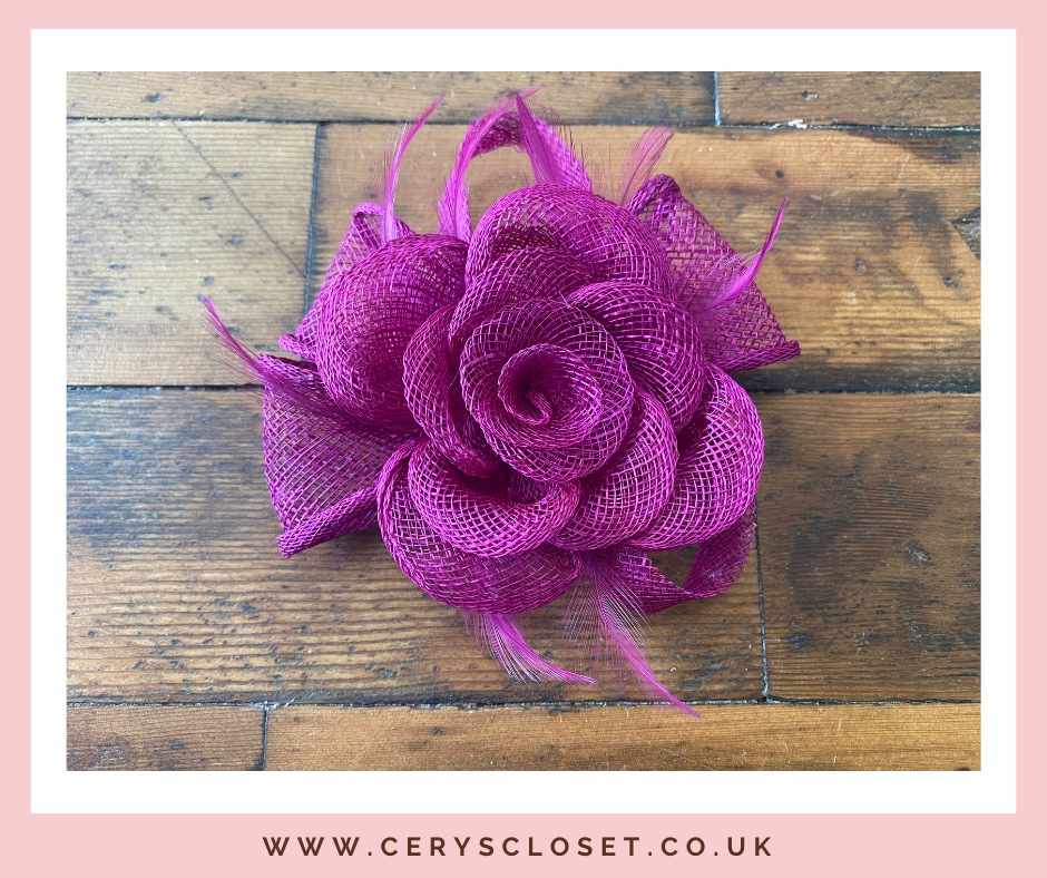 Pink Feather and Mesh Flower Fascinator On Crocodile Clip and Brooch Attachment
