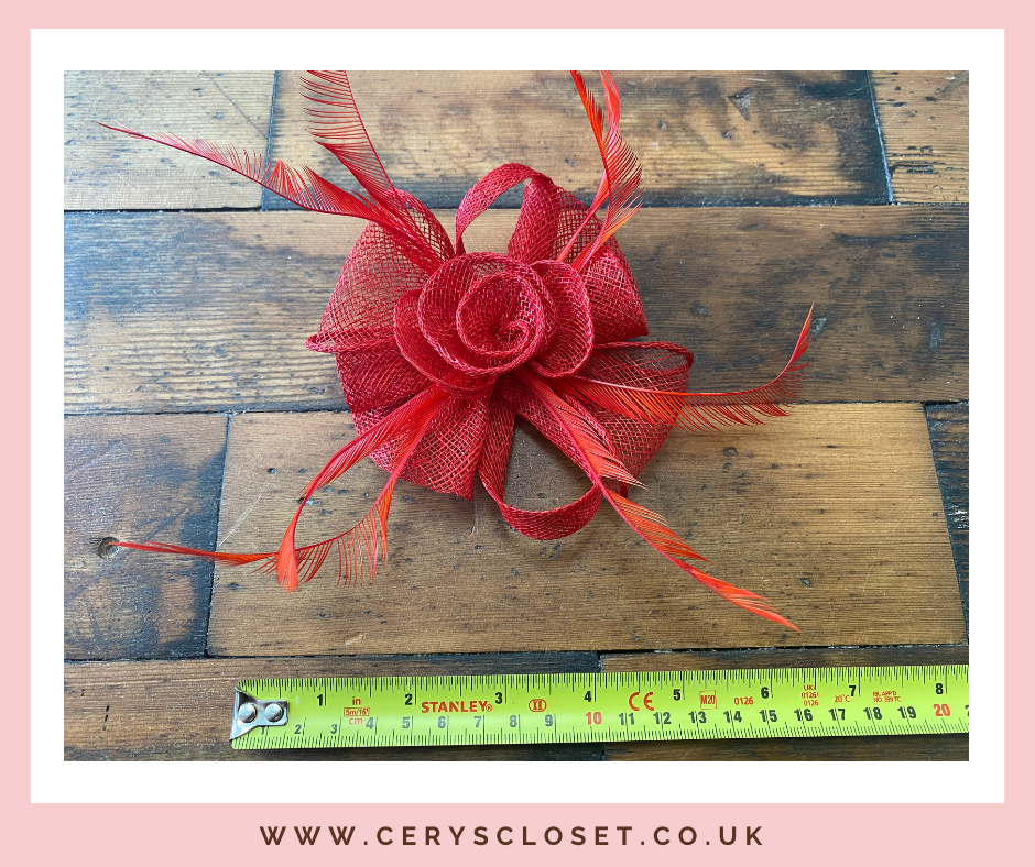 Red Feather and Mesh Flower Fascinator On Crocodile Clip and Brooch Attachment