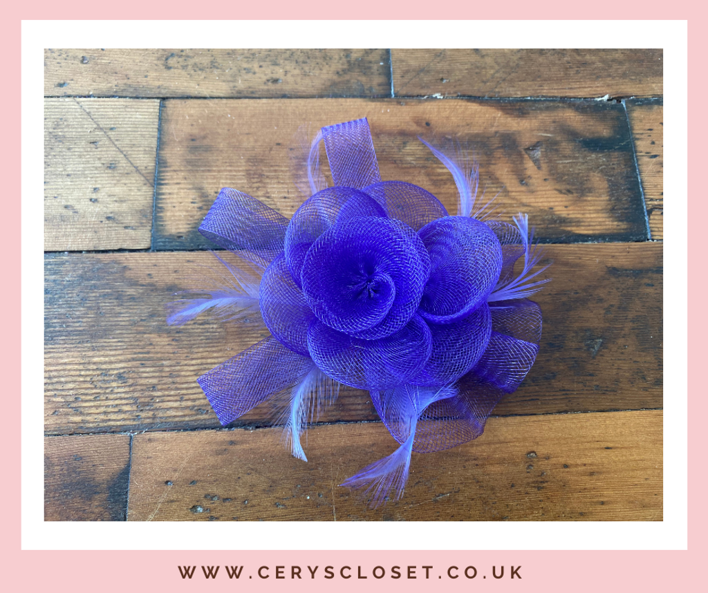 Light Purple Feather and Mesh Flower Fascinator  On Crocodile Clip and Brooch Attachment 