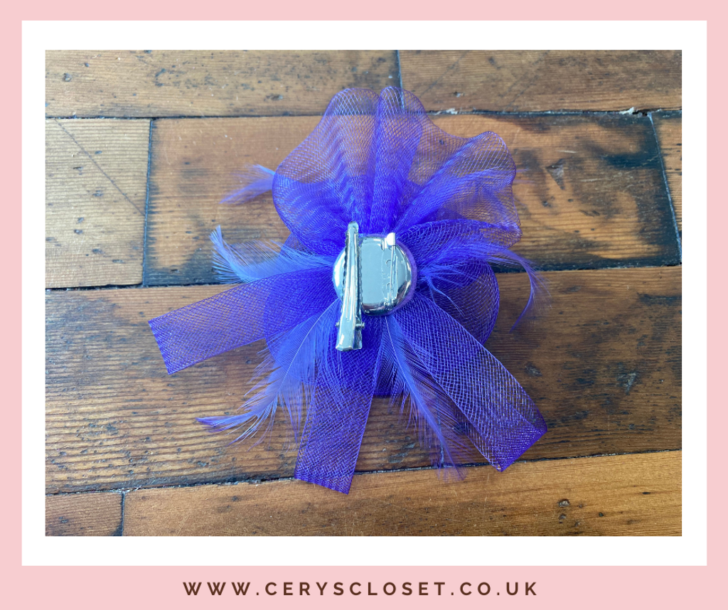 Light Purple Feather and Mesh Flower Fascinator On Crocodile Clip and Brooch Attachment