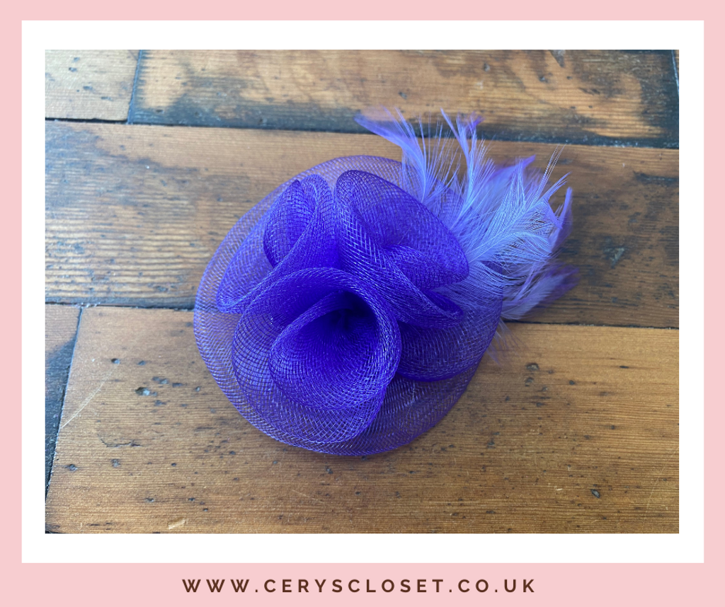 Light Purple Feather and Mesh Flower Fascinator Hat On Crocodile Clip and Brooch Attachment 