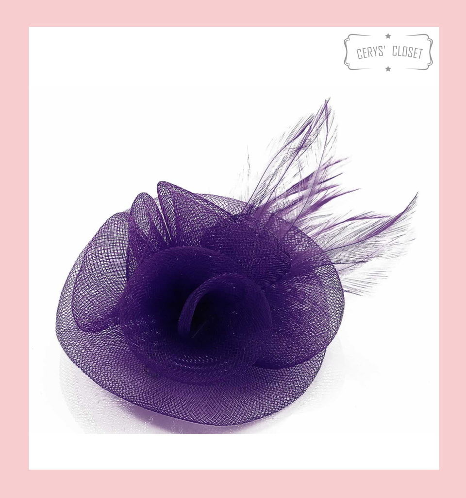 Light Purple Feather and Mesh Flower Fascinator Hat On Crocodile Clip and Brooch Attachment